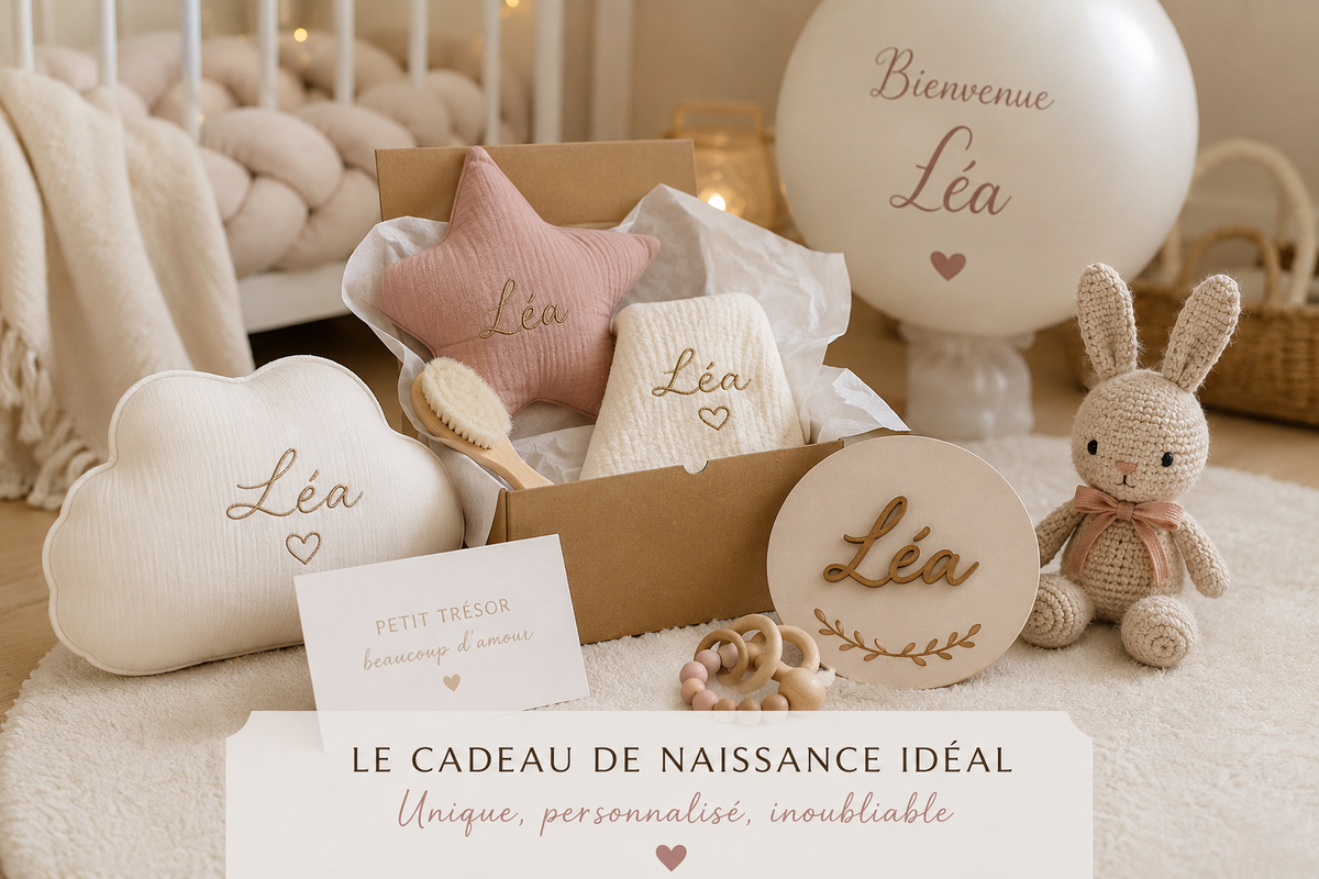 Idées de cadeaux de naissance personnalisés pour bébé : coussins, ballon décoratif et accessoires personnalisés