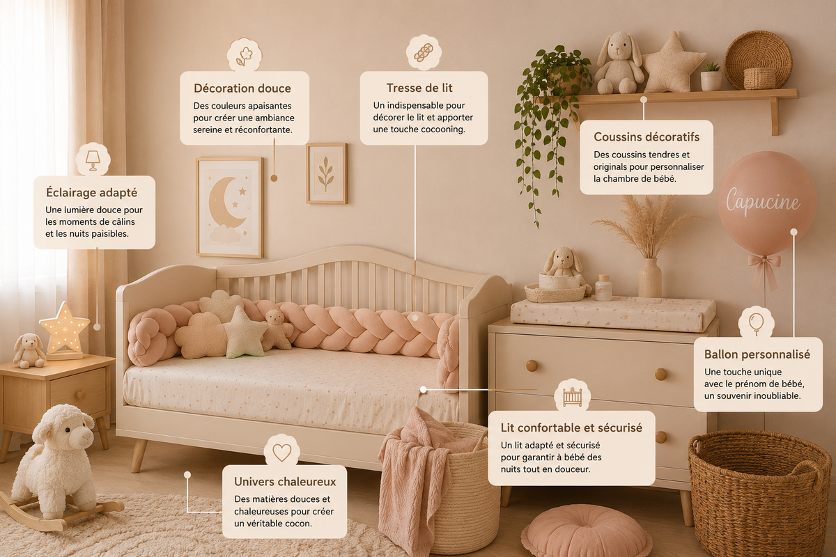 Chambre bébé cocooning avec tresse de lit, coussins décoratifs et ballon personnalisé