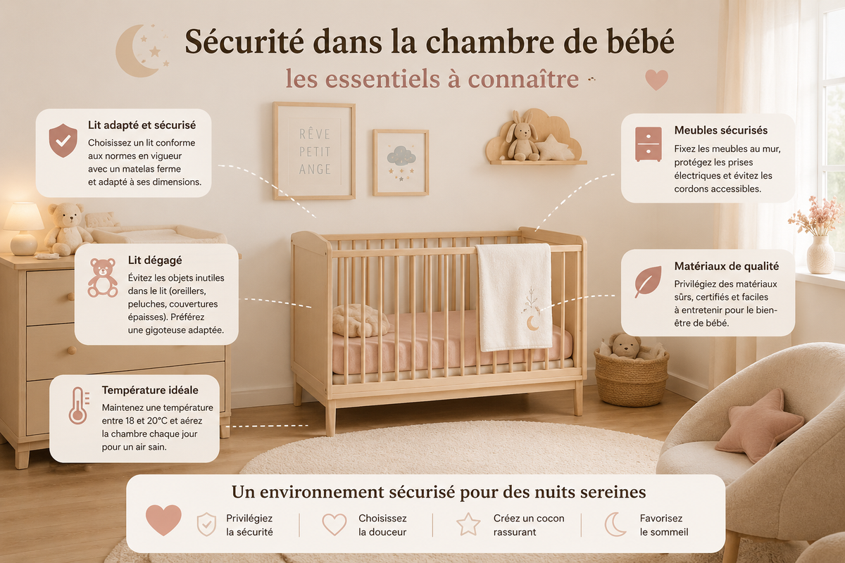 Chambre de bébé sécurisée avec lit confortable, décoration douce et ambiance apaisante pour favoriser le sommeil de l'enfant.