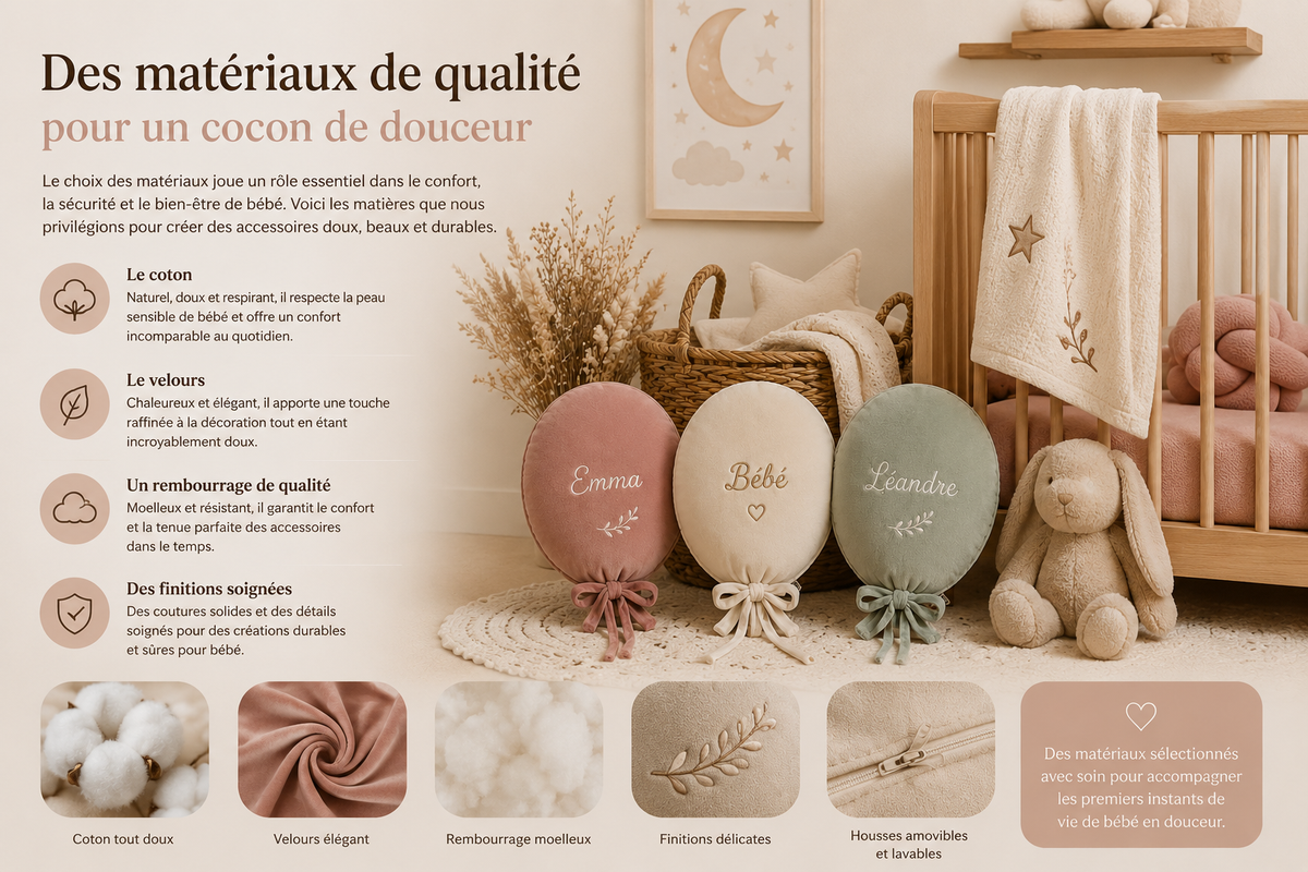 Chambre de bébé avec coussins ballons personnalisés, tissus en velours, coton doux et décoration cocooning réalisée avec des matériaux de qualité.