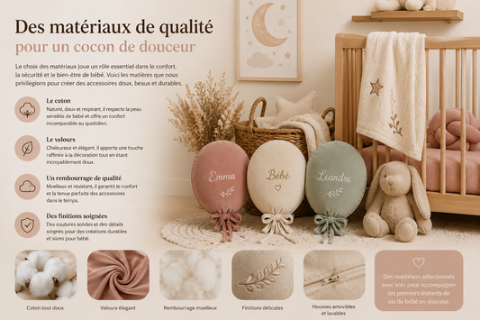 Chambre de bébé avec coussins ballons personnalisés, tissus en velours, coton doux et décoration cocooning réalisée avec des matériaux de qualité.