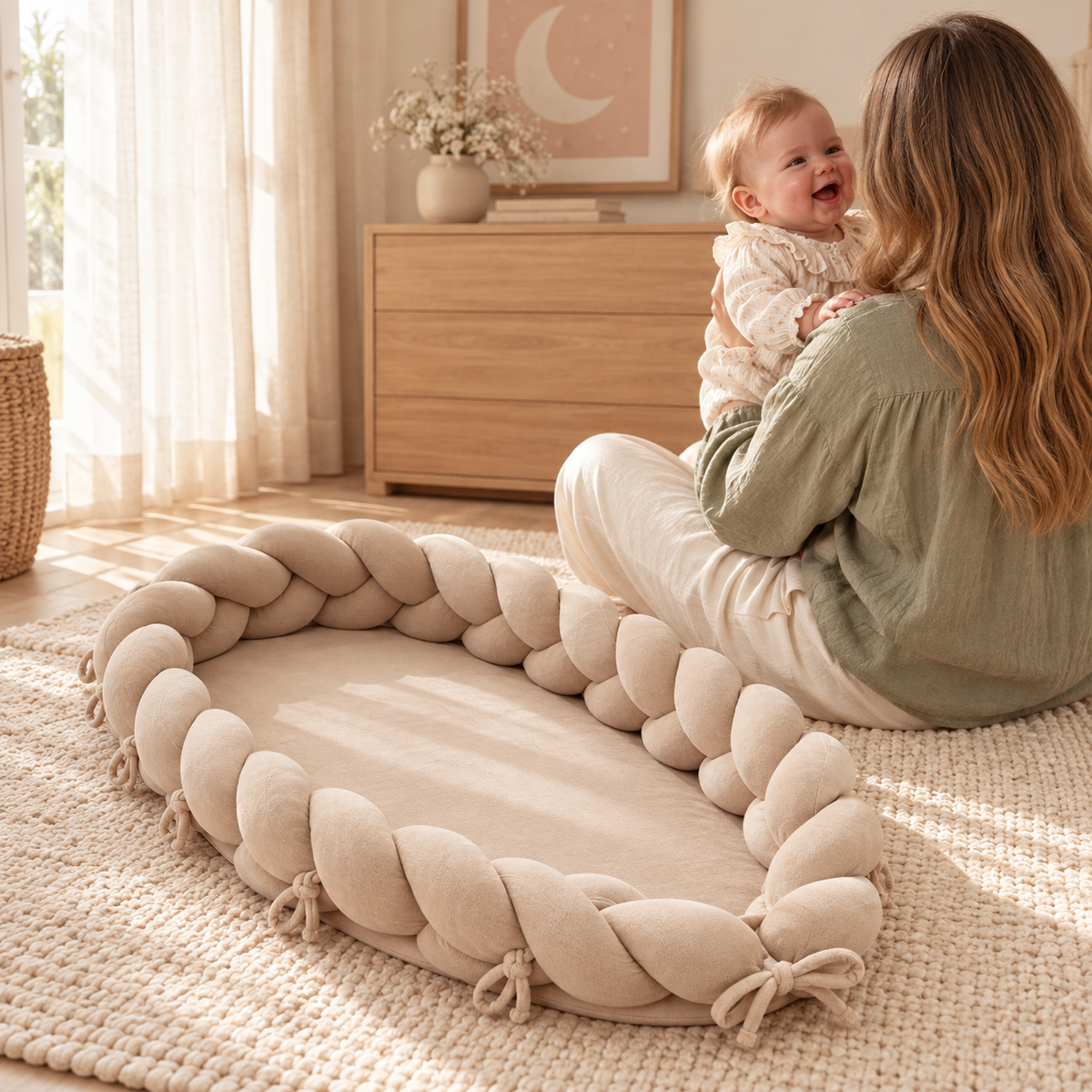 Cocon réducteur tressé beige posé sur un tapis, une maman et son bébé dans une chambre lumineuse