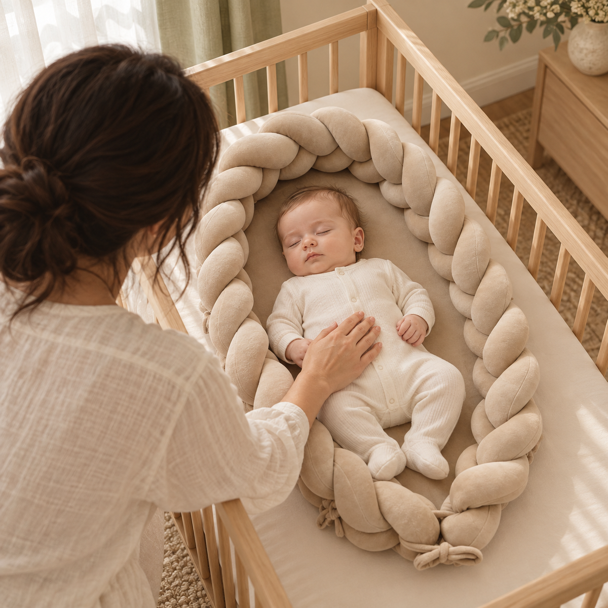 Bébé endormi dans son cocon réducteur installé dans un lit à barreaux