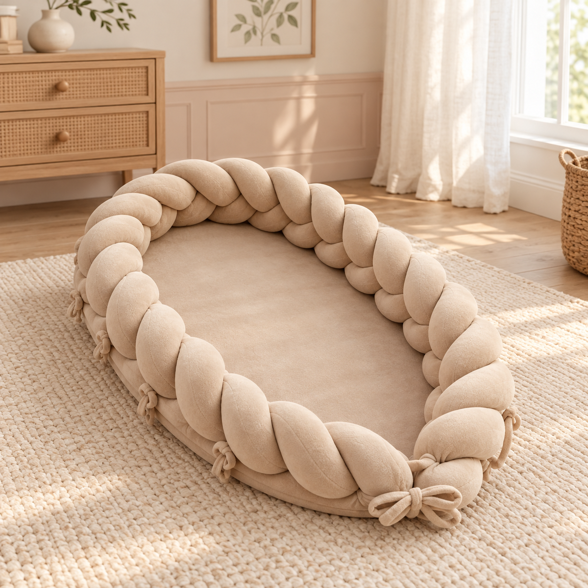 Cocon réducteur tressé beige vu de trois quarts, avec ses rubans noués