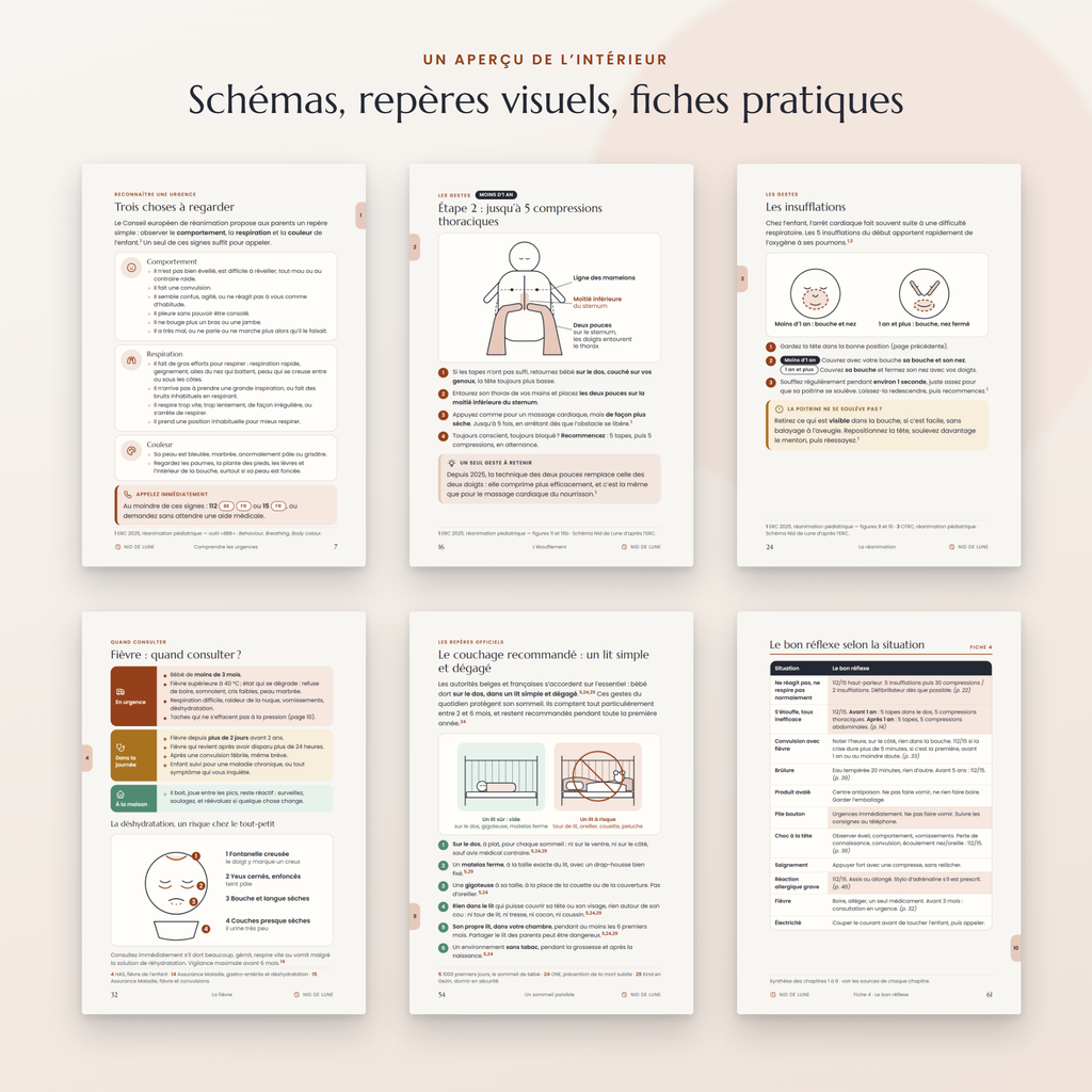Six pages intérieures de l'ebook : signes à regarder, compressions thoraciques, insufflations, fièvre, couchage recommandé, fiche bon réflexe