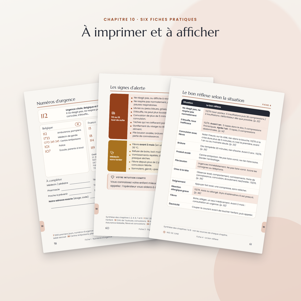 Trois fiches pratiques de l'ebook : numéros d'urgence, signes d'alerte, bon réflexe selon la situation