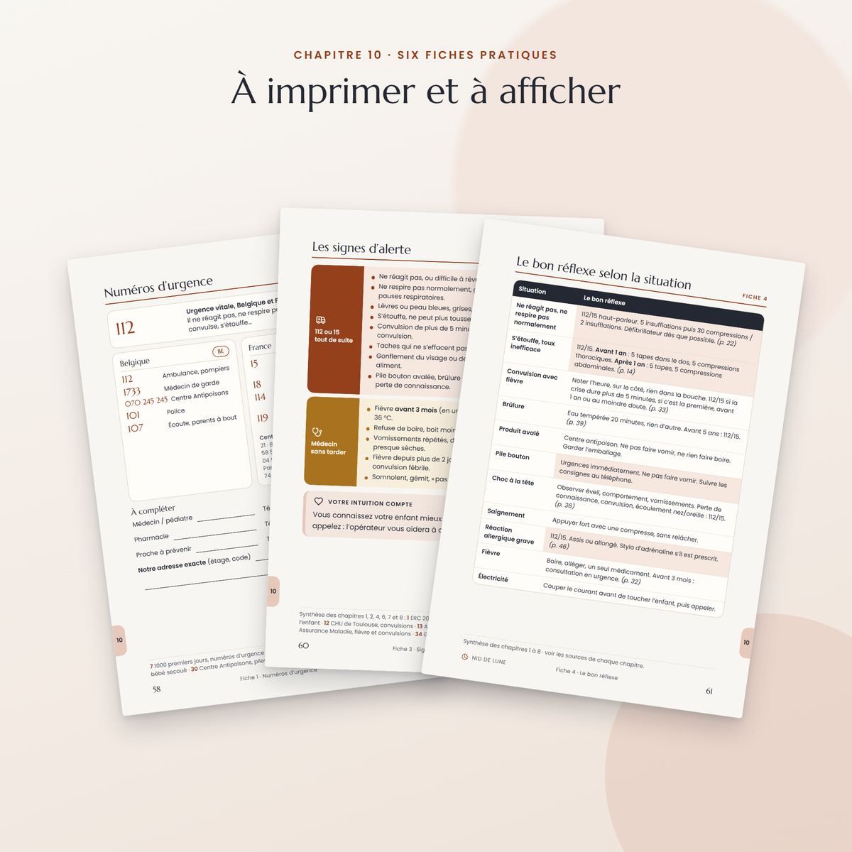 Trois fiches pratiques de l'ebook : numéros d'urgence, signes d'alerte, bon réflexe selon la situation
