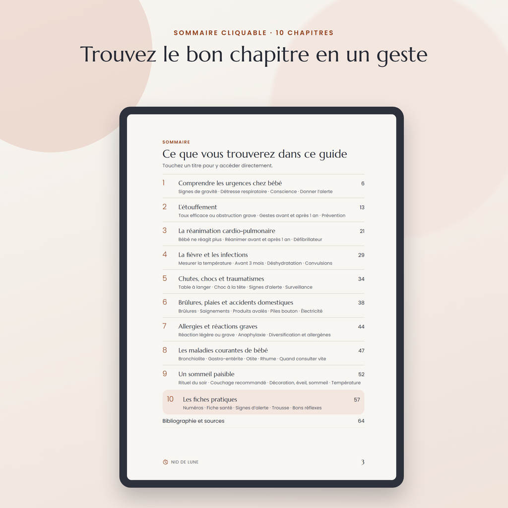 Sommaire cliquable de l'ebook avec ses 10 chapitres, affiché sur une tablette