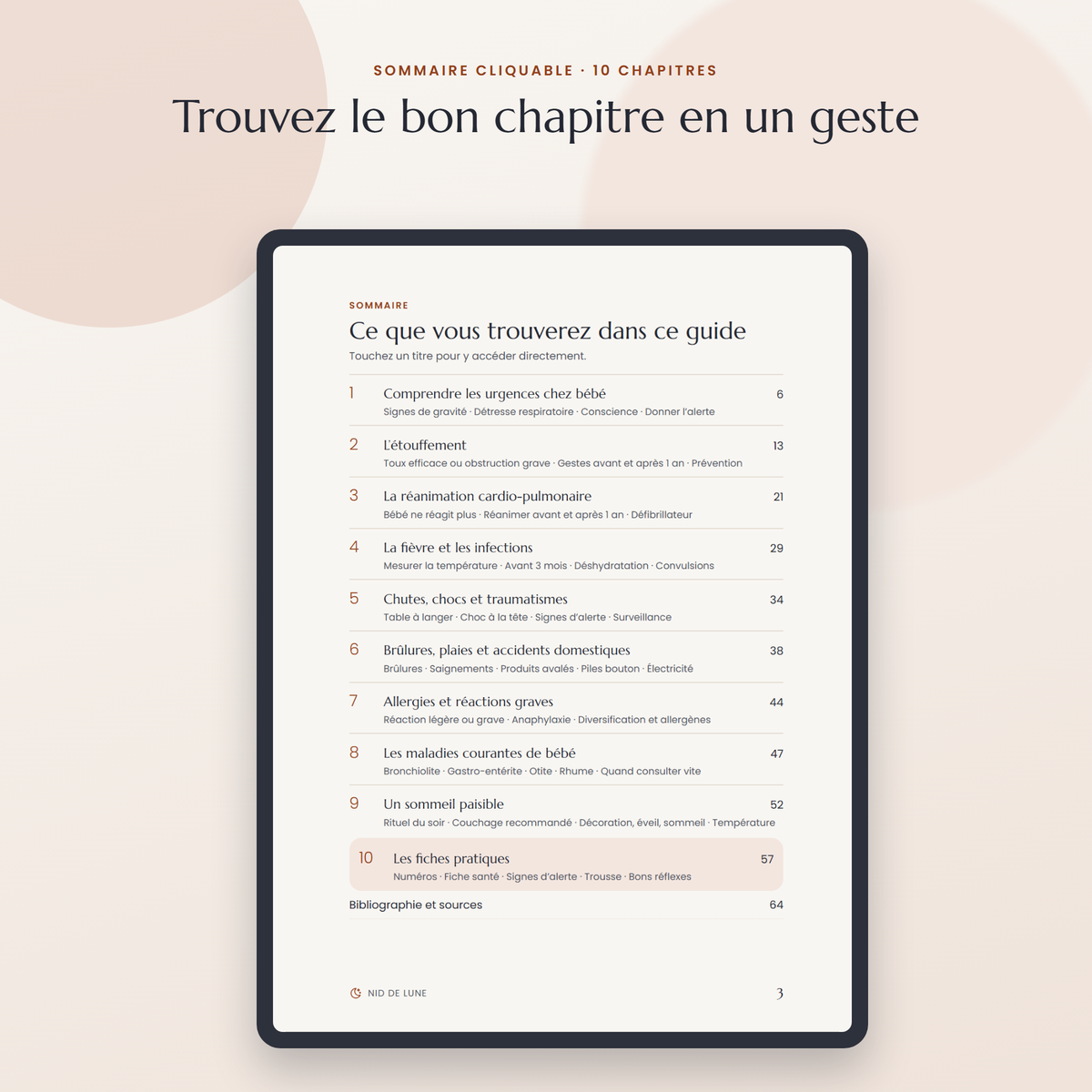 Sommaire cliquable de l'ebook avec ses 10 chapitres, affiché sur une tablette