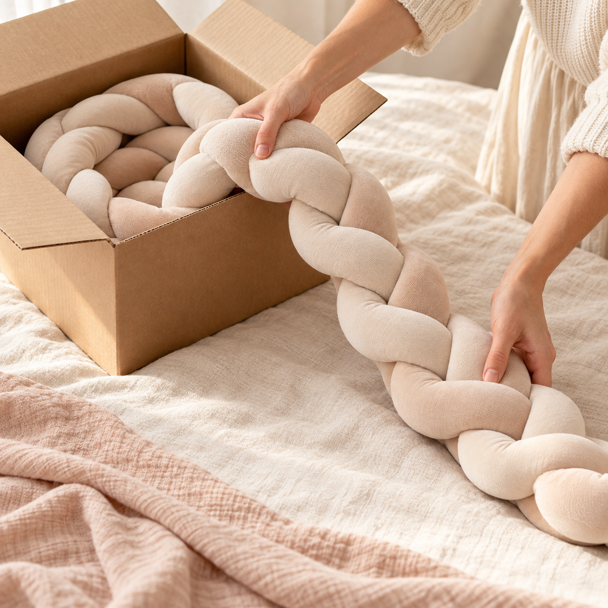 Tresse de lit beige sortie délicatement de son carton sur un lit