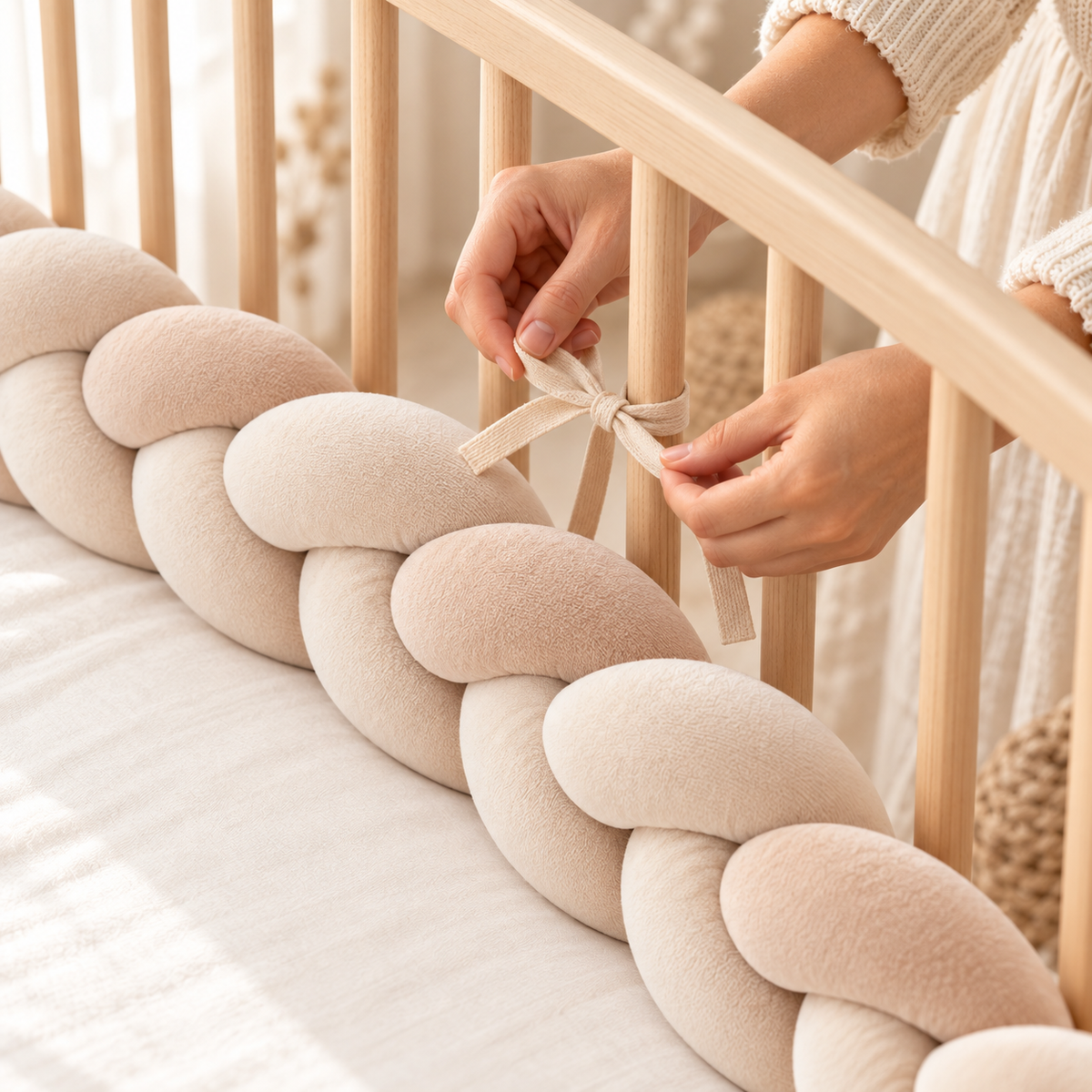 Tresse de lit fixée aux barreaux du lit de bébé avec un ruban noué