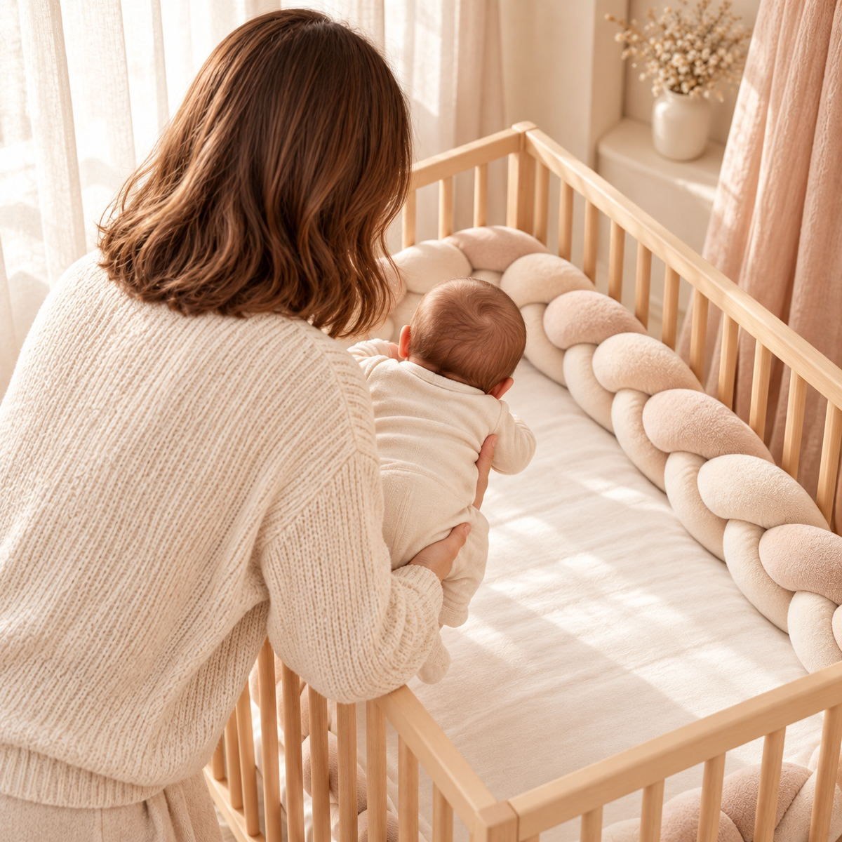 Maman de dos installant son bébé dans un lit entouré d'une tresse de lit