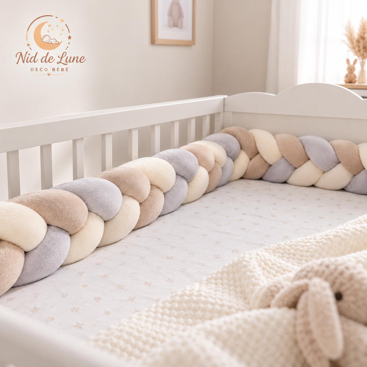Tresse de lit 3 brins multicolore Nid de Lune installée autour d'un lit bébé