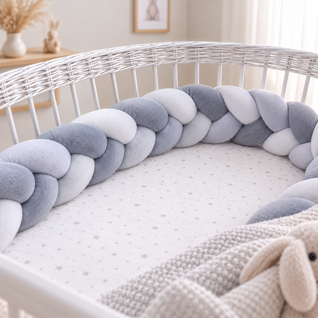 Tresse de lit 3 brins multicolore Nid de Lune installée autour d'un lit bébé