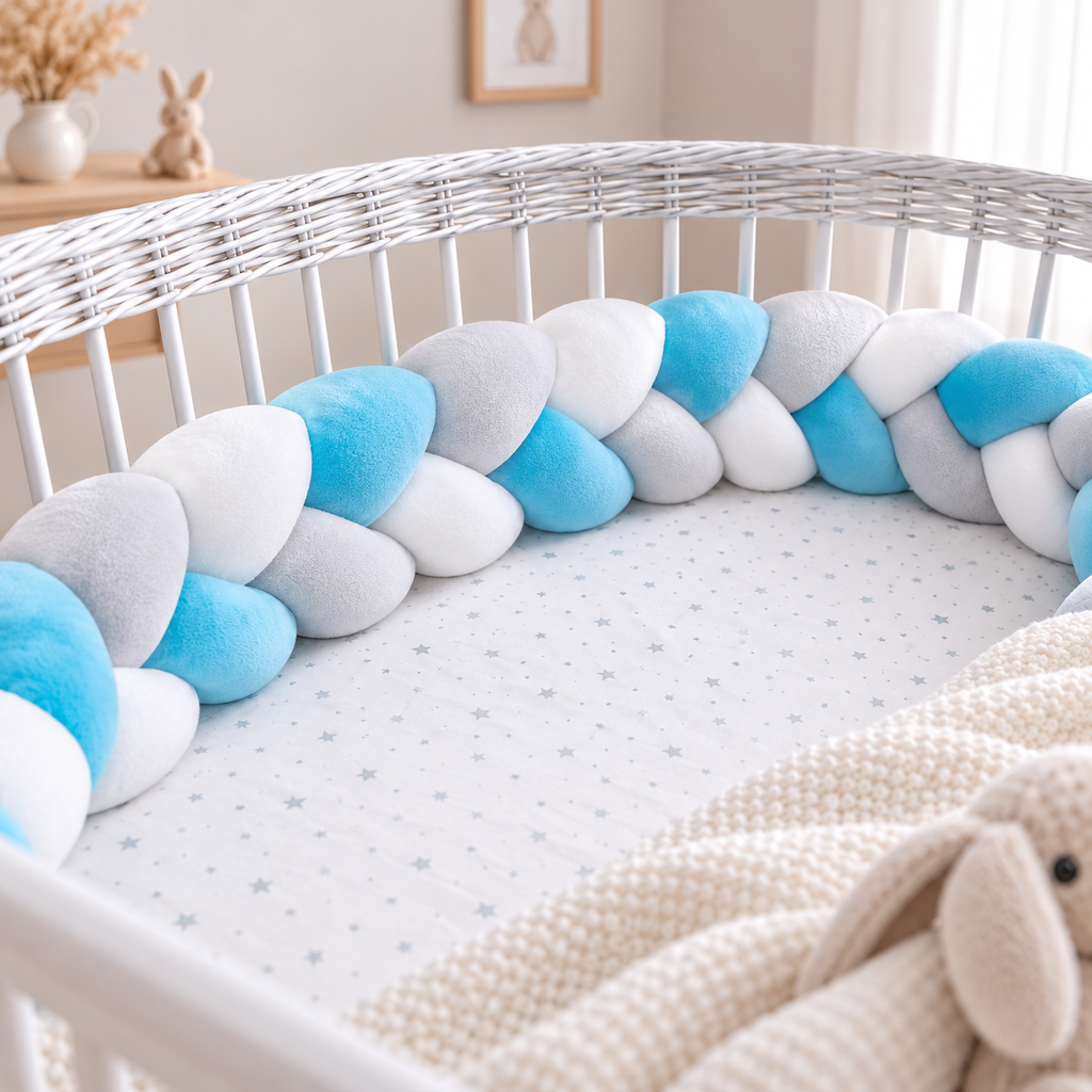 Tresse de lit 3 brins multicolore Nid de Lune installée autour d'un lit bébé