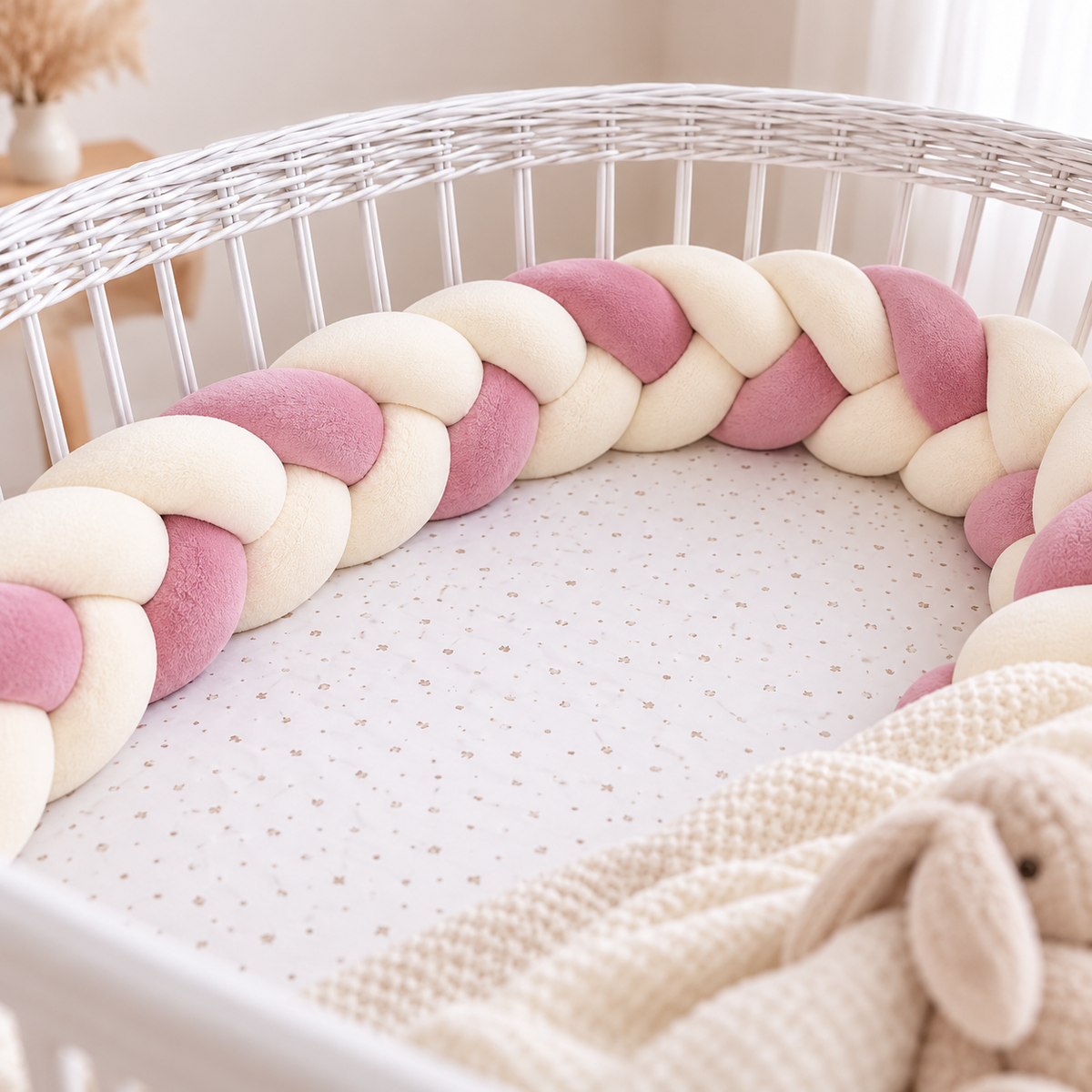 Tresse de lit 3 brins multicolore Nid de Lune installée autour d'un lit bébé
