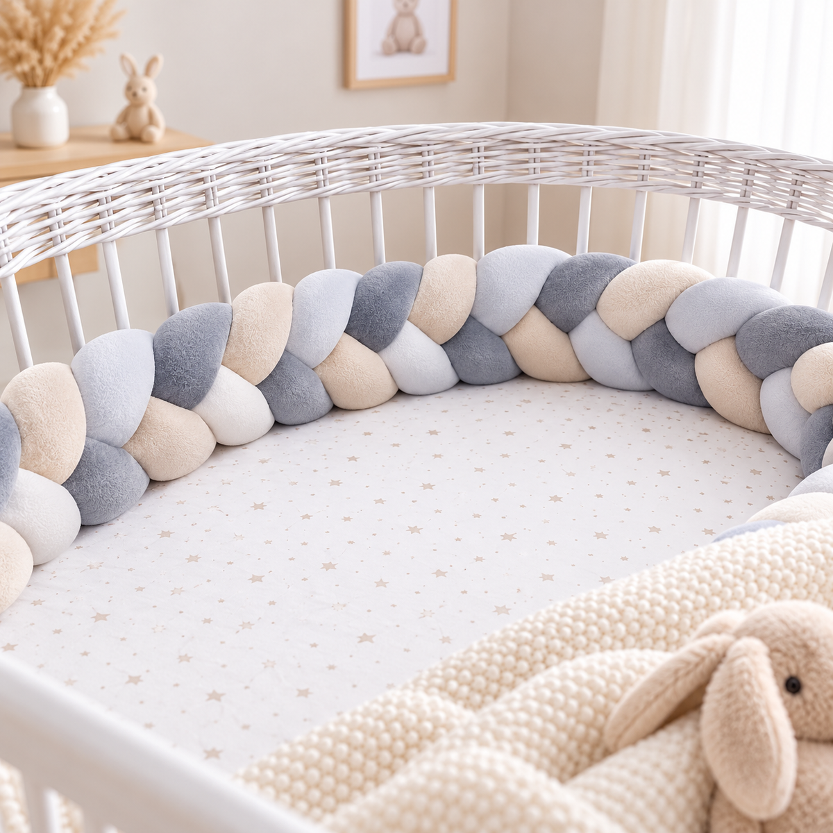 Tresse de lit 3 brins multicolore Nid de Lune installée autour d'un lit bébé
