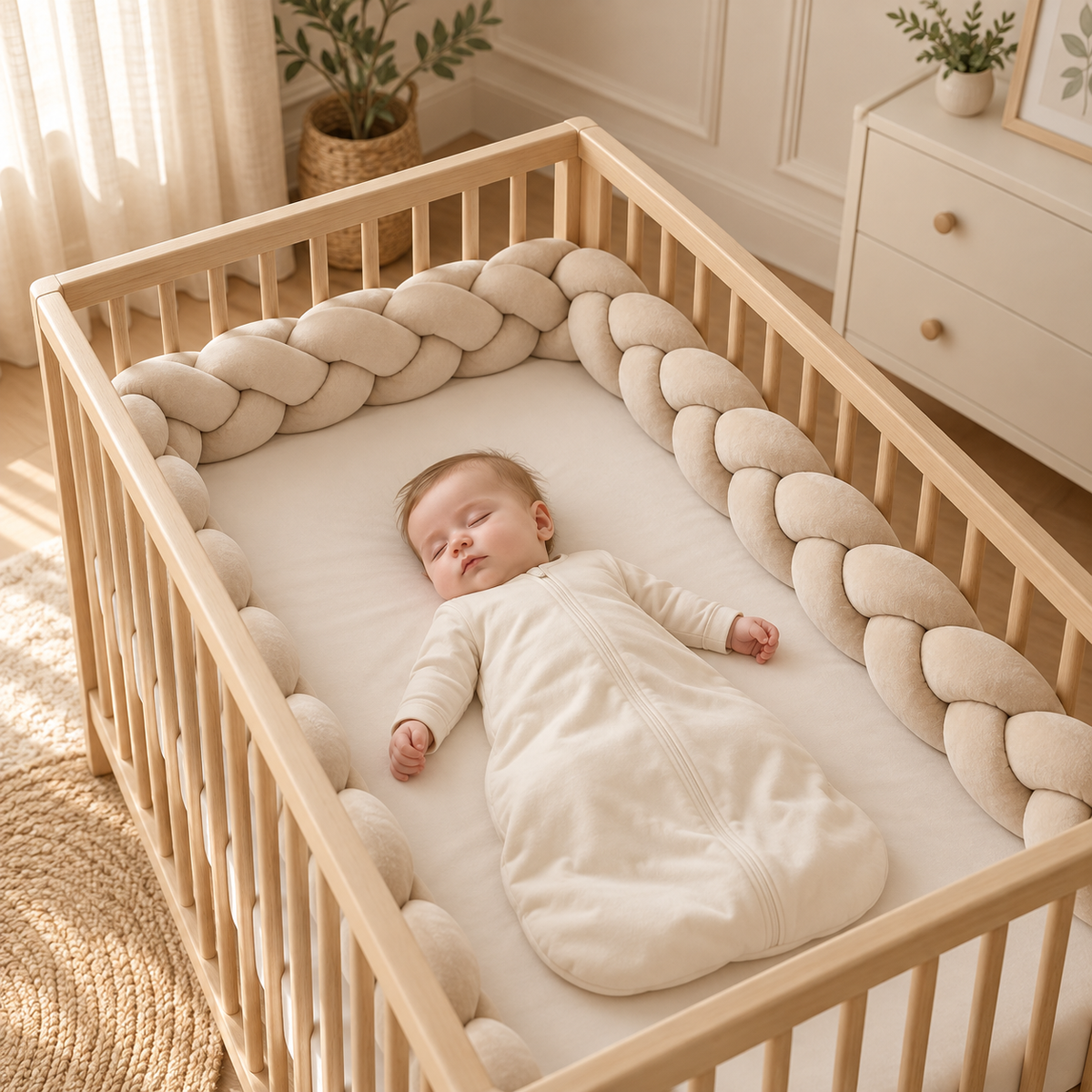 Tresse de lit 3 brins Nid de Lune installée tout autour d'un lit bébé, vue du dessus