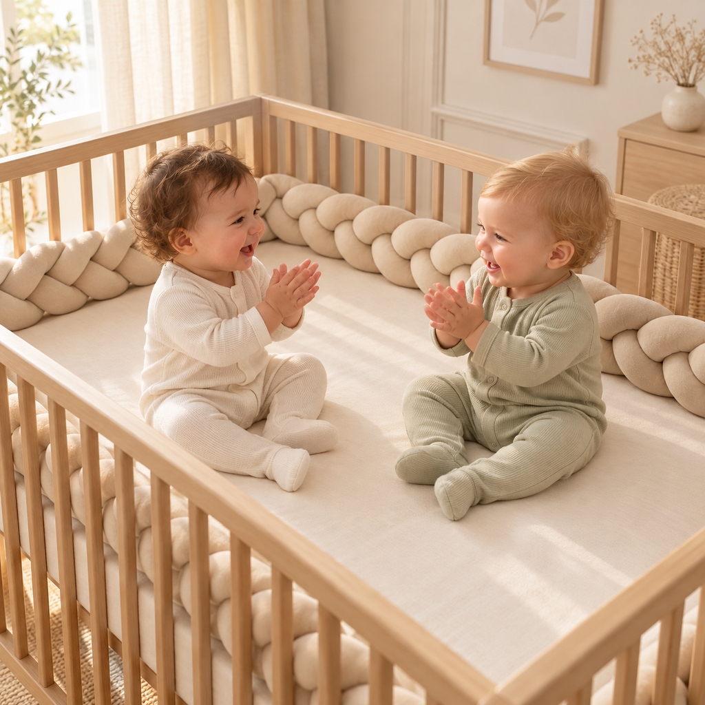Jumeaux dans un lit bébé protégé par une tresse 3 brins Nid de Lune