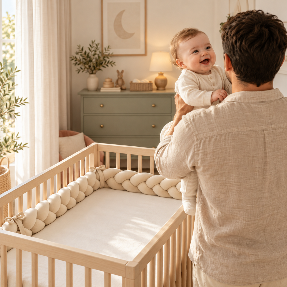 Papa tenant son bébé près d'un lit garni d'une tresse 3 brins Nid de Lune