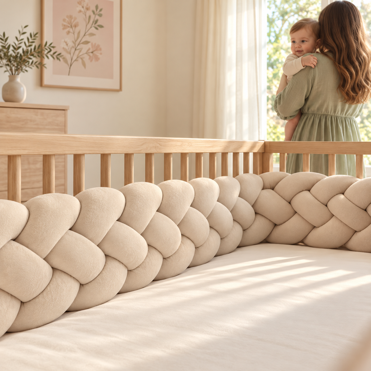 Tresse de lit 4 brins Nid de Lune dans un lit bébé, maman et bébé en arrière-plan