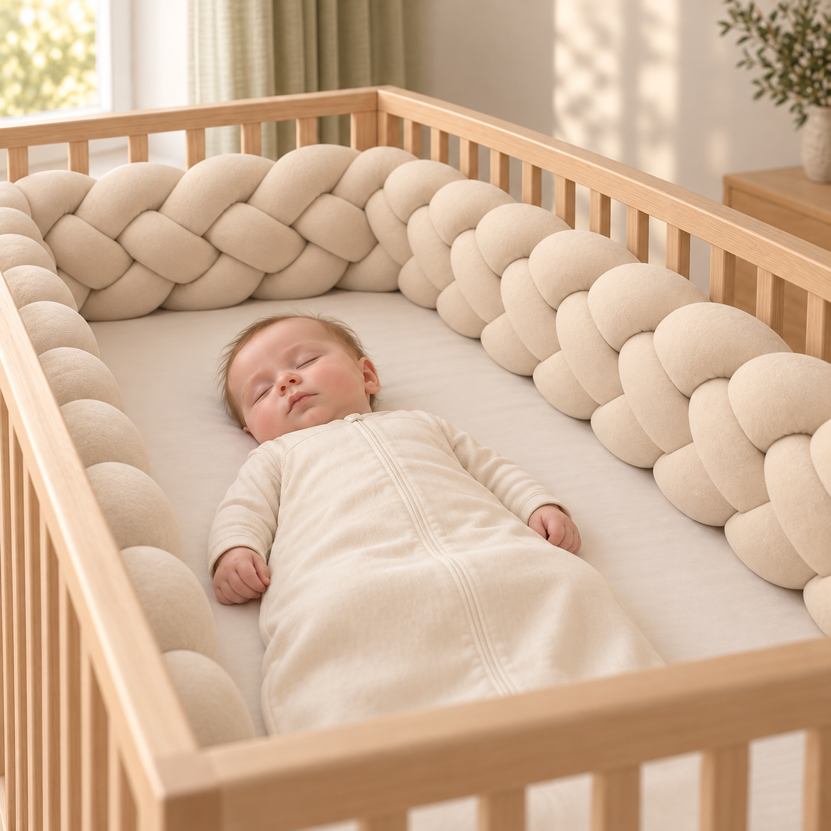 Bébé endormi dans un lit protégé par une tresse 4 brins Nid de Lune