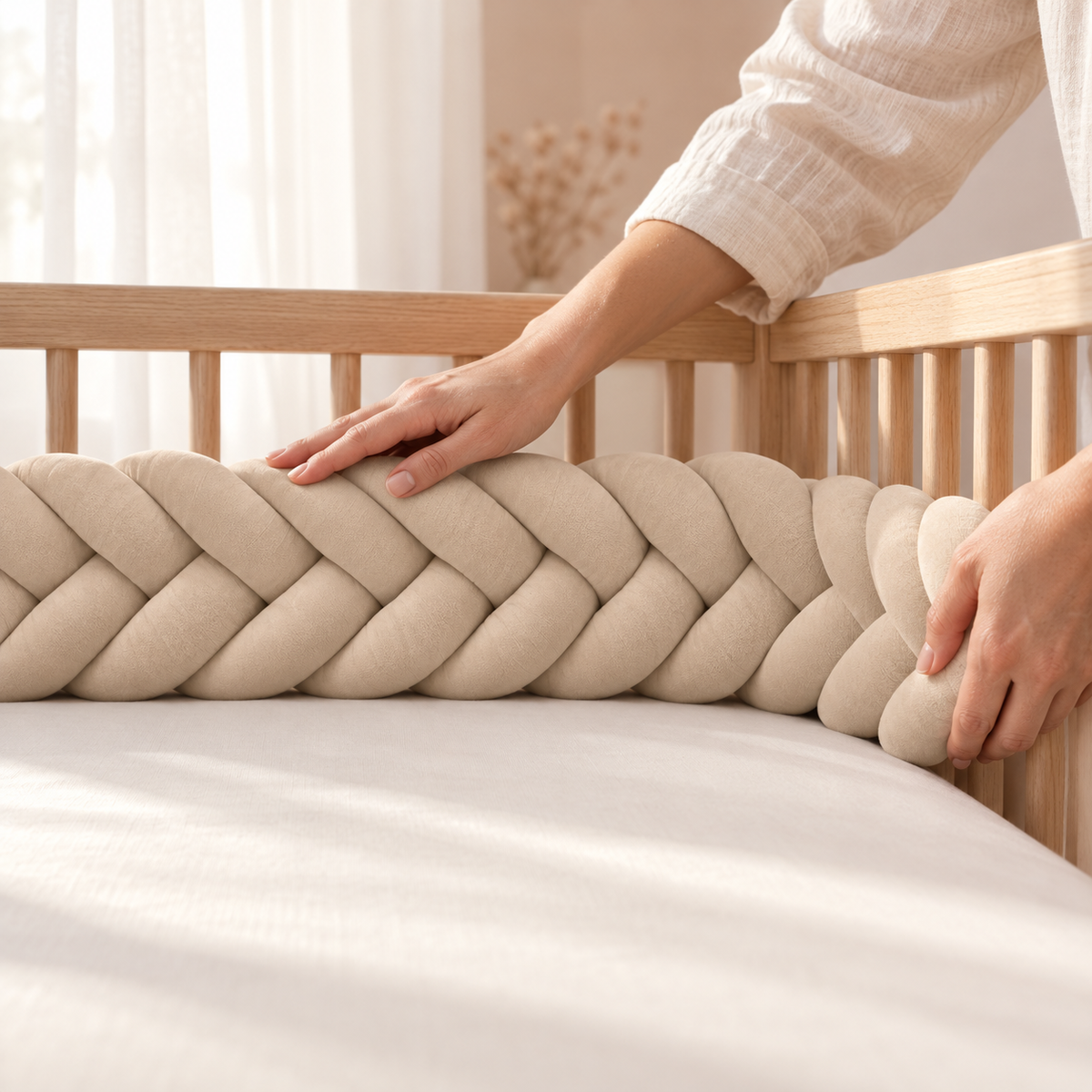 Mains ajustant une tresse de lit 5 brins Nid de Lune dans un lit bébé