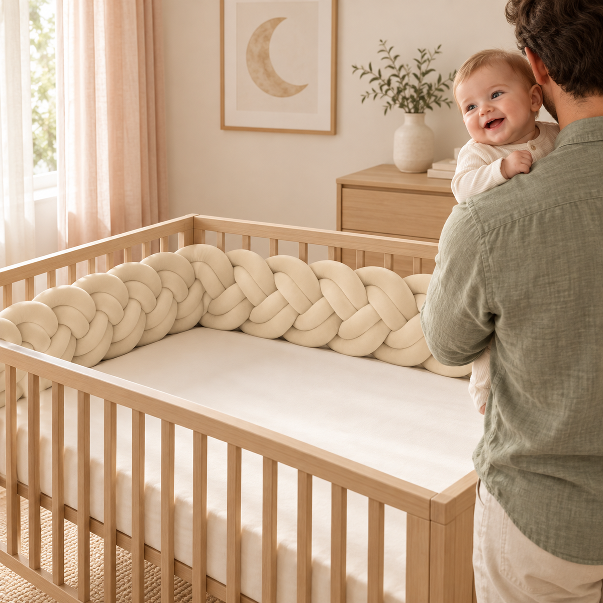 Papa et bébé près d'un lit garni d'une tresse 6 brins Nid de Lune