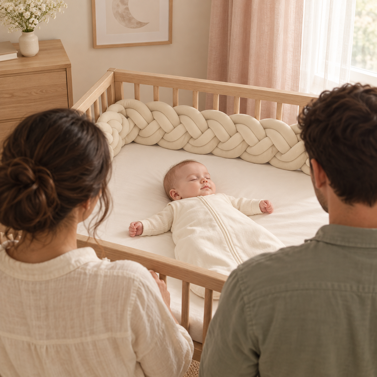 Parents regardant leur bébé dormir dans un lit protégé par une tresse 6 brins Nid de Lune